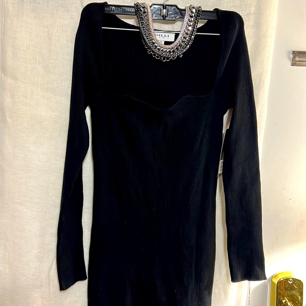 Gili black knit long sleeve mid length scallop neck below the knee dress